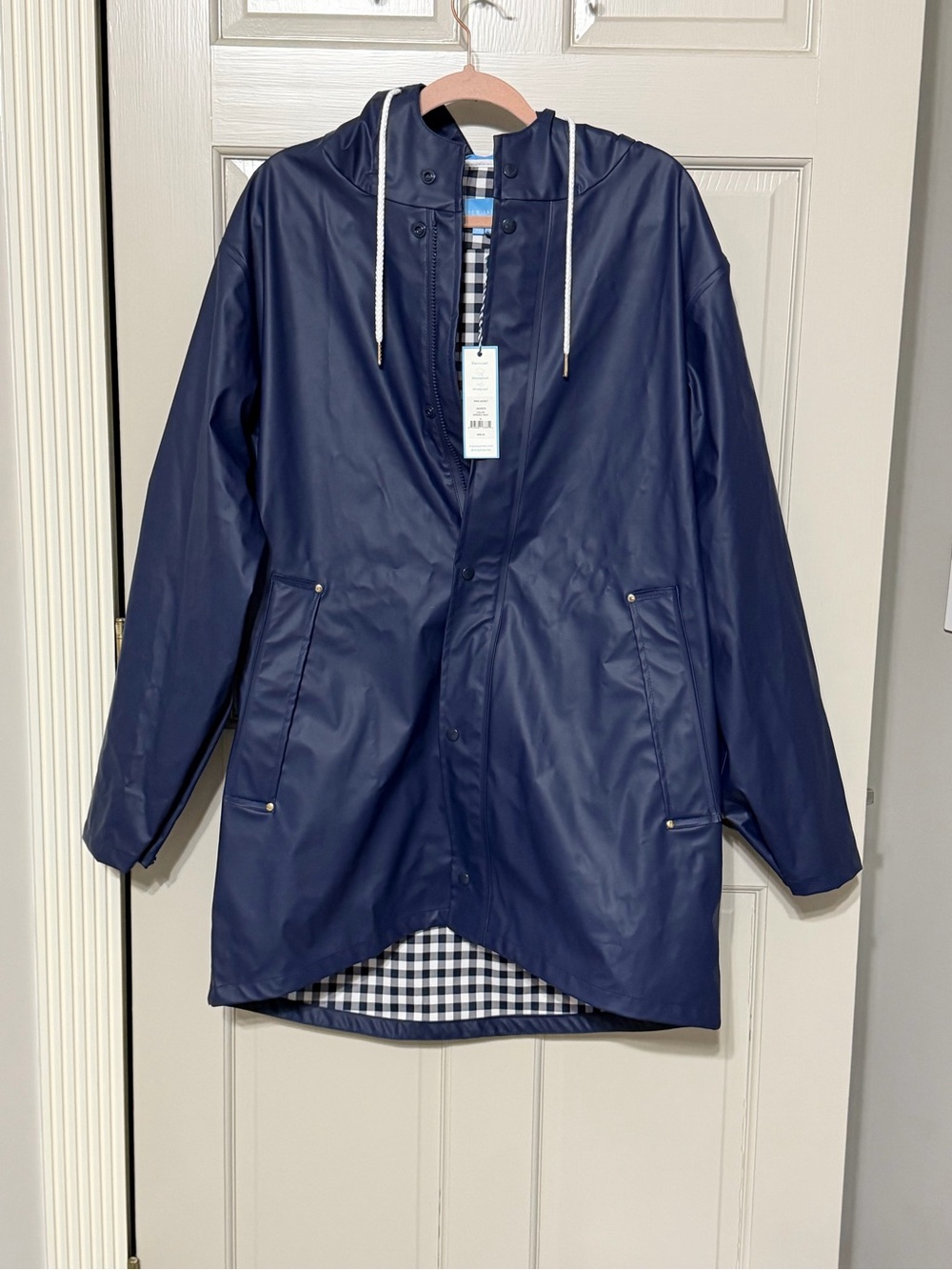 Draper James Navy Raincoat with Black-and-White Gingham Lining